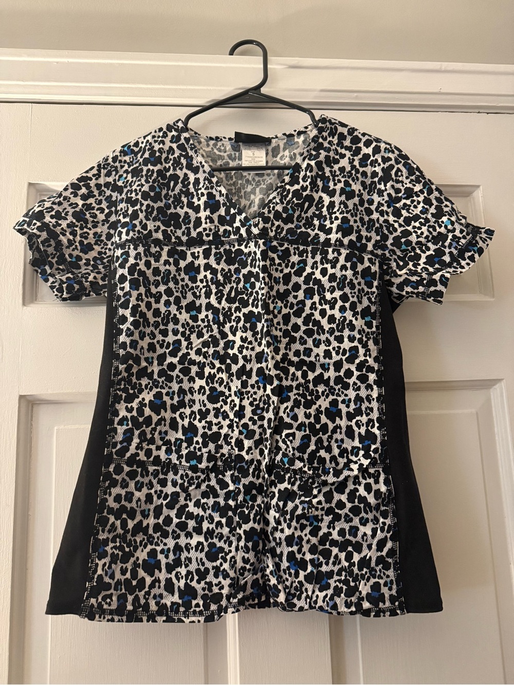 Cherokee Black and Blue Leopard-Print Scrub Top